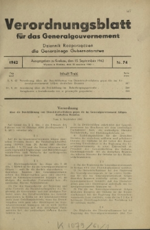 Verordnungsblatt für das Generalgouvernement = Dziennik Rozporządzeń dla Generalnego Gubernatorstwa. 1942, Nr. 74 (15. September)