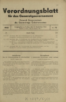 Verordnungsblatt für das Generalgouvernement = Dziennik Rozporządzeń dla Generalnego Gubernatorstwa. 1942, Nr. 75 (16. September)