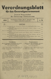 Verordnungsblatt für das Generalgouvernement = Dziennik Rozporządzeń dla Generalnego Gubernatorstwa. 1942, Nr. 76 (21. September)