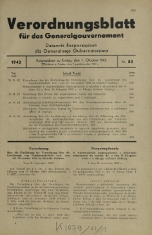 Verordnungsblatt für das Generalgouvernement = Dziennik Rozporządzeń dla Generalnego Gubernatorstwa. 1942, Nr. 82 (1. Oktober)