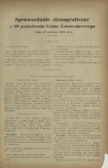 Sprawozdanie Stenograficzne z 49 Posiedzenia Sejmu Ustawodawczego z dnia 13 czerwca 1919 r.