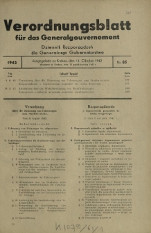 Verordnungsblatt für das Generalgouvernement = Dziennik Rozporządzeń dla Generalnego Gubernatorstwa. 1942, Nr. 85 (13. Oktober)