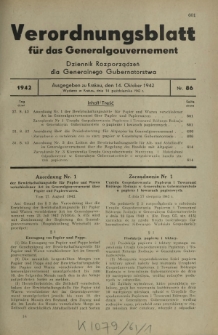 Verordnungsblatt für das Generalgouvernement = Dziennik Rozporządzeń dla Generalnego Gubernatorstwa. 1942, Nr. 86 (14. Oktober)