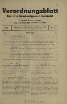 Verordnungsblatt für das Generalgouvernement = Dziennik Rozporządzeń dla Generalnego Gubernatorstwa. 1942, Nr. 87 (17. Oktober)