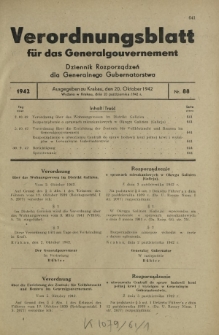 Verordnungsblatt für das Generalgouvernement = Dziennik Rozporządzeń dla Generalnego Gubernatorstwa. 1942, Nr. 88 (20. Oktober)
