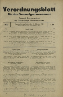 Verordnungsblatt für das Generalgouvernement = Dziennik Rozporządzeń dla Generalnego Gubernatorstwa. 1942, Nr. 91 (30. Oktober)