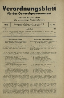 Verordnungsblatt für das Generalgouvernement = Dziennik Rozporządzeń dla Generalnego Gubernatorstwa. 1942, Nr. 94 (1. November)