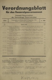 Verordnungsblatt für das Generalgouvernement = Dziennik Rozporządzeń dla Generalnego Gubernatorstwa. 1942, Nr. 104 (10. Dezember)