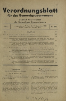Verordnungsblatt für das Generalgouvernement = Dziennik Rozporządzeń dla Generalnego Gubernatorstwa. 1942, Nr. 106 (14. Dezember)
