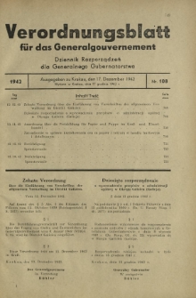 Verordnungsblatt für das Generalgouvernement = Dziennik Rozporządzeń dla Generalnego Gubernatorstwa. 1942, Nr. 108 (17. Dezember)