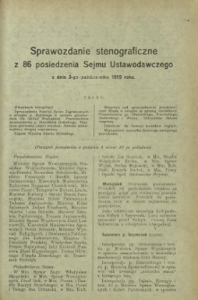 Sprawozdanie Stenograficzne z 86 Posiedzenia Sejmu Ustawodawczego z dnia 3 października 1919 r.