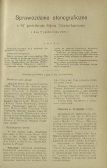 Sprawozdanie Stenograficzne z 87 Posiedzenia Sejmu Ustawodawczego z dnia 7 października 1919 r.