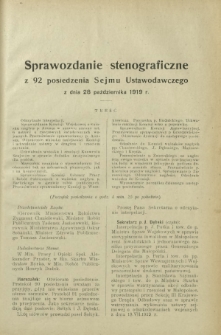 Sprawozdanie Stenograficzne z 92 Posiedzenia Sejmu Ustawodawczego z dnia 28 października 1919 r.