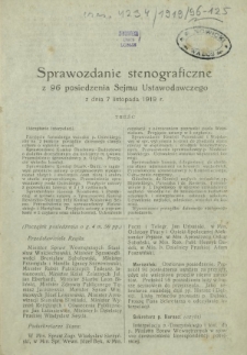 Sprawozdanie Stenograficzne z 96 Posiedzenia Sejmu Ustawodawczego z dnia 7 listopada 1919 r.