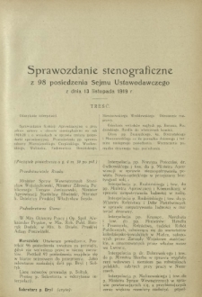 Sprawozdanie Stenograficzne z 98 Posiedzenia Sejmu Ustawodawczego z dnia 13 listopada 1919 r.