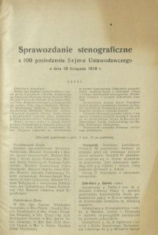 Sprawozdanie Stenograficzne z 100 Posiedzenia Sejmu Ustawodawczego z dnia 18 listopada 1919 r.