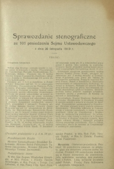 Sprawozdanie Stenograficzne z 101 Posiedzenia Sejmu Ustawodawczego z dnia 20 listopada 1919 r.