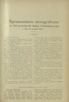 Sprawozdanie Stenograficzne z 105 Posiedzenia Sejmu Ustawodawczego z dnia 18 grudnia 1919 r.