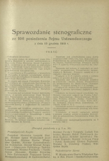 Sprawozdanie Stenograficzne z 106 Posiedzenia Sejmu Ustawodawczego z dnia 19 grudnia 1919 r.