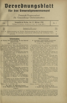 Verordnungsblatt für das Generalgouvernement = Dziennik Rozporządzeń dla Generalnego Gubernatorstwa. 1941, Nr 5 (15 Februar)