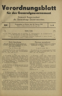 Verordnungsblatt für das Generalgouvernement = Dziennik Rozporządzeń dla Generalnego Gubernatorstwa. 1941, Nr 6 (24 Februar)