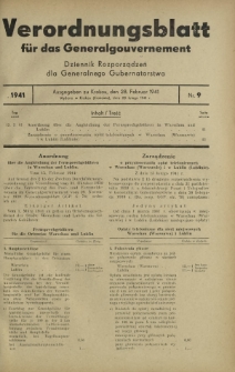 Verordnungsblatt für das Generalgouvernement = Dziennik Rozporządzeń dla Generalnego Gubernatorstwa. 1941, Nr 9 (28 Februar)
