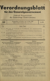 Verordnungsblatt für das Generalgouvernement = Dziennik Rozporządzeń dla Generalnego Gubernatorstwa. 1941, Nr 11 (4 Marz)
