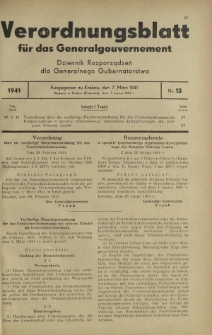 Verordnungsblatt für das Generalgouvernement = Dziennik Rozporządzeń dla Generalnego Gubernatorstwa. 1941, Nr 13 (7 Marz)