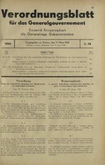 Verordnungsblatt für das Generalgouvernement = Dziennik Rozporządzeń dla Generalnego Gubernatorstwa. 1941, Nr 14 (11 Marz)