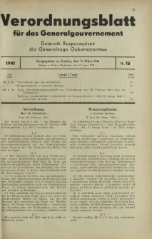 Verordnungsblatt für das Generalgouvernement = Dziennik Rozporządzeń dla Generalnego Gubernatorstwa. 1941, Nr 15 (11 Marz)