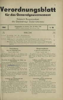Verordnungsblatt für das Generalgouvernement = Dziennik Rozporządzeń dla Generalnego Gubernatorstwa. 1941, Nr 16 (13 Marz)