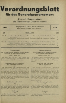 Verordnungsblatt für das Generalgouvernement = Dziennik Rozporządzeń dla Generalnego Gubernatorstwa. 1941, Nr 18 (14 Marz)