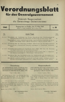 Verordnungsblatt für das Generalgouvernement = Dziennik Rozporządzeń dla Generalnego Gubernatorstwa. 1941, Nr 19 (15 Marz)