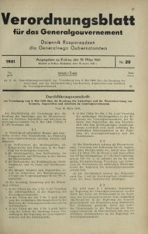 Verordnungsblatt für das Generalgouvernement = Dziennik Rozporządzeń dla Generalnego Gubernatorstwa. 1941, Nr 20 (19 Marz)