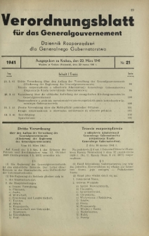 Verordnungsblatt für das Generalgouvernement = Dziennik Rozporządzeń dla Generalnego Gubernatorstwa. 1941, Nr 21 (20 Marz)