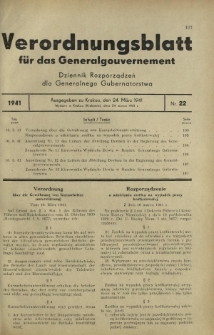 Verordnungsblatt für das Generalgouvernement = Dziennik Rozporządzeń dla Generalnego Gubernatorstwa. 1941, Nr 22 (24 Marz)