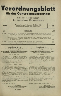 Verordnungsblatt für das Generalgouvernement = Dziennik Rozporządzeń dla Generalnego Gubernatorstwa. 1941, Nr 23 (24 Marz)