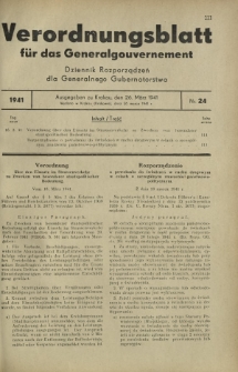 Verordnungsblatt für das Generalgouvernement = Dziennik Rozporządzeń dla Generalnego Gubernatorstwa. 1941, Nr 24 (26 Marz)