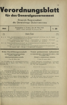 Verordnungsblatt für das Generalgouvernement = Dziennik Rozporządzeń dla Generalnego Gubernatorstwa. 1941, Nr 25 (29 Marz)