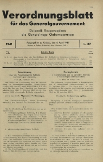 Verordnungsblatt für das Generalgouvernement = Dziennik Rozporządzeń dla Generalnego Gubernatorstwa. 1941, Nr 27 (4 April)