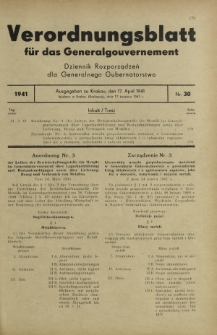 Verordnungsblatt für das Generalgouvernement = Dziennik Rozporządzeń dla Generalnego Gubernatorstwa. 1941, Nr 30 (17 April)