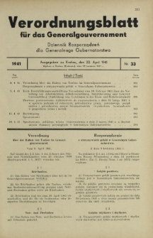 Verordnungsblatt für das Generalgouvernement = Dziennik Rozporządzeń dla Generalnego Gubernatorstwa. 1941, Nr 33 (22 April)