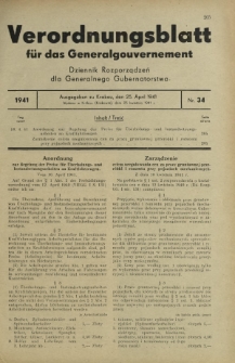 Verordnungsblatt für das Generalgouvernement = Dziennik Rozporządzeń dla Generalnego Gubernatorstwa. 1941, Nr 34 (25 April)