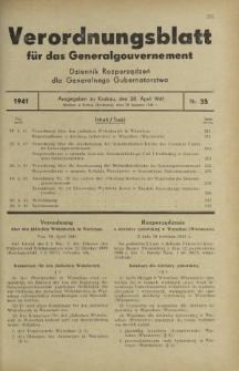Verordnungsblatt für das Generalgouvernement = Dziennik Rozporządzeń dla Generalnego Gubernatorstwa. 1941, Nr 35 (28 April)
