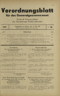 Verordnungsblatt für das Generalgouvernement = Dziennik Rozporządzeń dla Generalnego Gubernatorstwa. 1941, Nr 38 (6 Mai)
