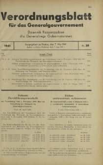 Verordnungsblatt für das Generalgouvernement = Dziennik Rozporządzeń dla Generalnego Gubernatorstwa. 1941, Nr 39 (7 Mai)