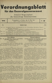 Verordnungsblatt für das Generalgouvernement = Dziennik Rozporządzeń dla Generalnego Gubernatorstwa. 1941, Nr 40 (8 Mai)