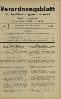 Verordnungsblatt für das Generalgouvernement = Dziennik Rozporządzeń dla Generalnego Gubernatorstwa. 1941, Nr 43 (16 Mai)