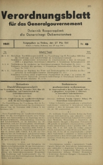 Verordnungsblatt für das Generalgouvernement = Dziennik Rozporządzeń dla Generalnego Gubernatorstwa. 1941, Nr 46 (27 Mai)
