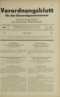 Verordnungsblatt für das Generalgouvernement = Dziennik Rozporządzeń dla Generalnego Gubernatorstwa. 1941, Nr 52 (21 Juni)